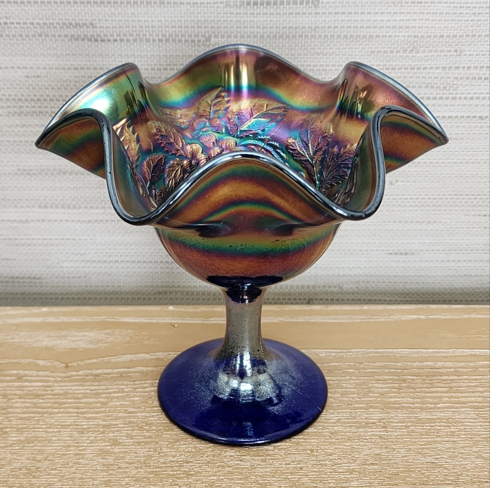 Vintage, Antique Carnival Glass ruffled compote with peacock and urn